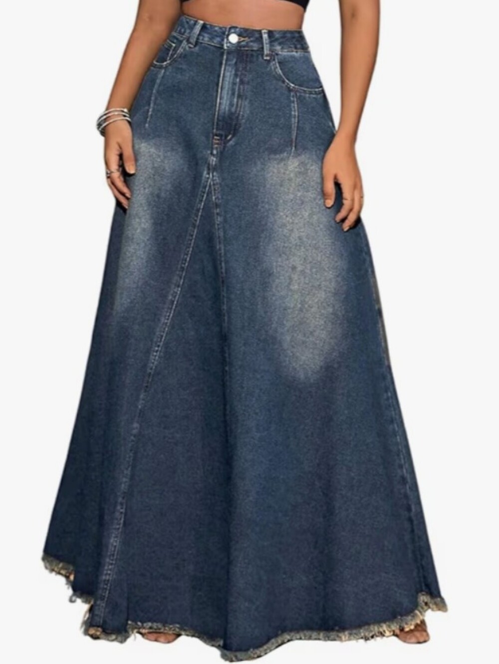 New High-Waist Wide Leg Dark Blue Denim Maxi Skirt